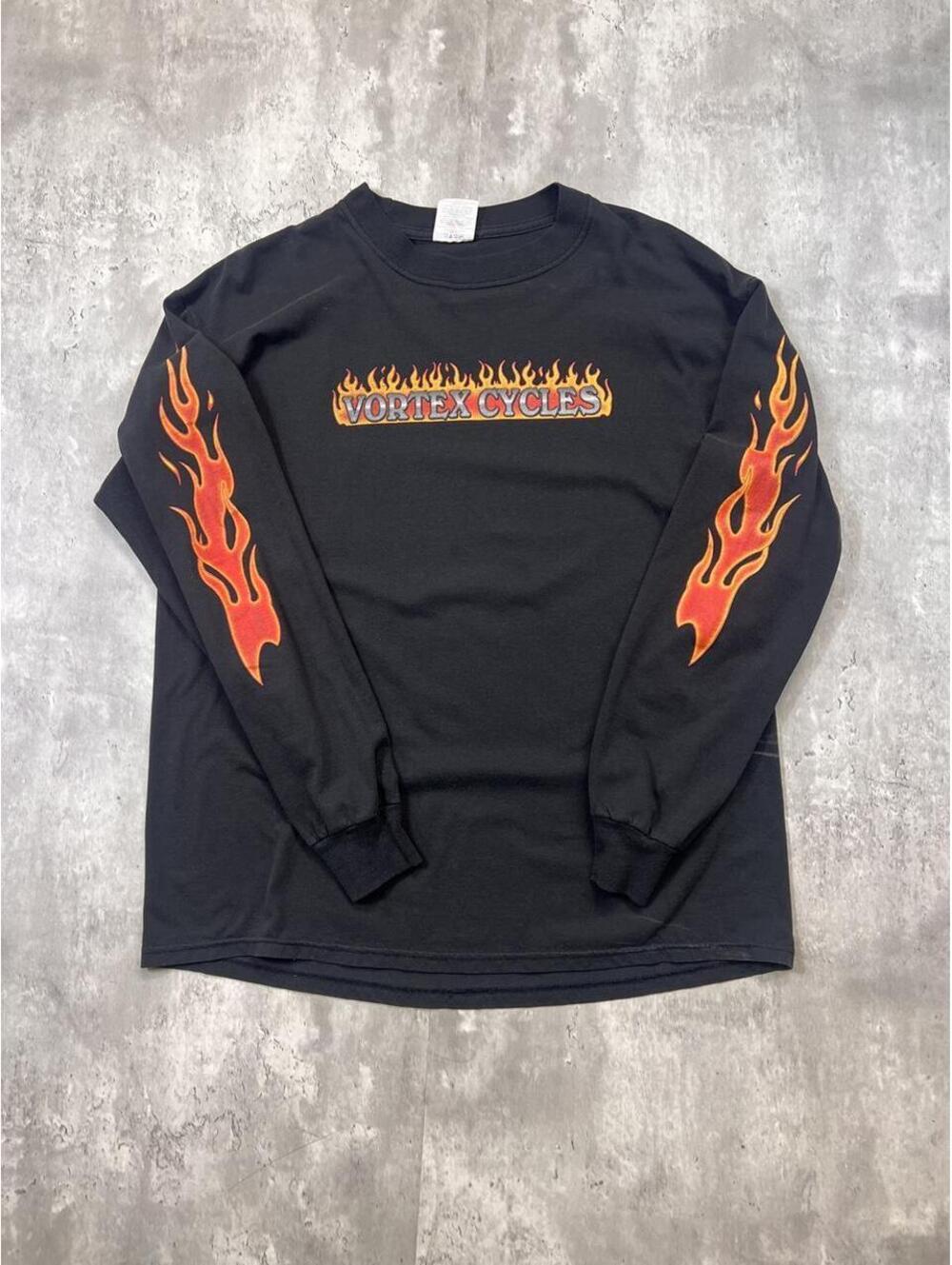 Y2K Flame Motorcycle Long Sleeve Shirt Black